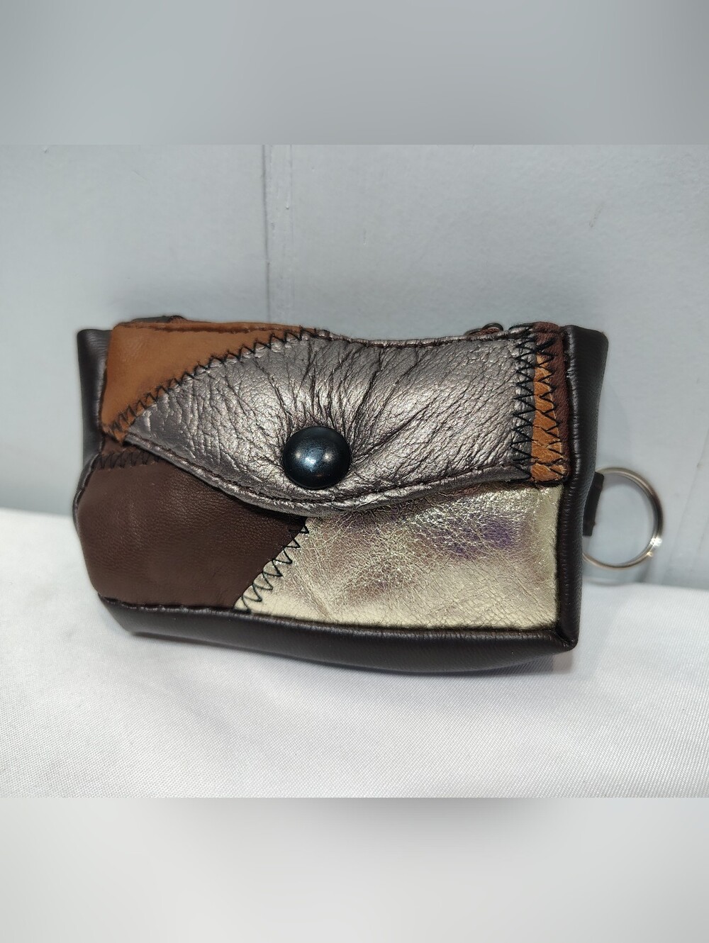 Vintage Brown Patchwork Leather Key Ring Wallet Coin Pouch Zig Zag Stitch